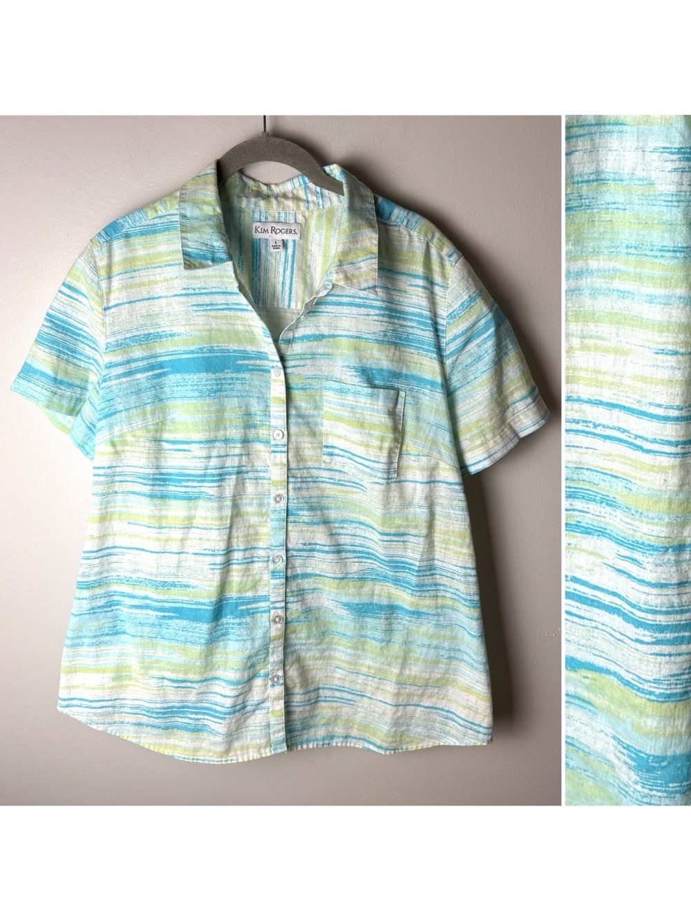 Kim Rogers Shirt Size Large Top Blue Green White Linen Cotton Blend Button Up